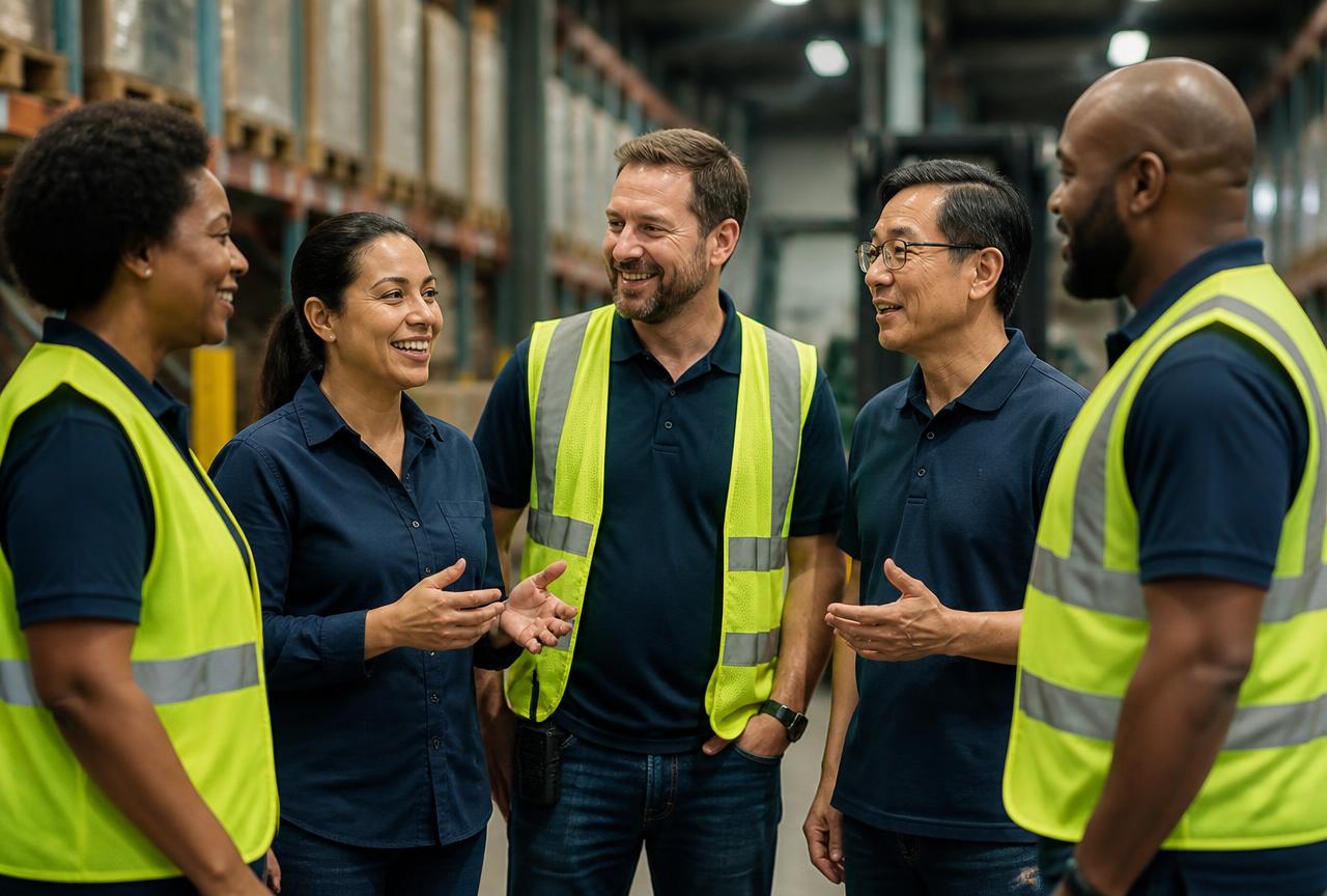 A diverse warehouse team standing together and talking in a distribution center