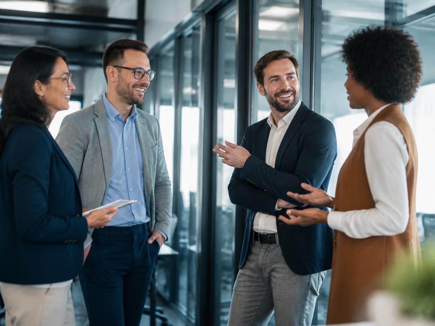 Diverse professionals collaborating in a modern corporate office