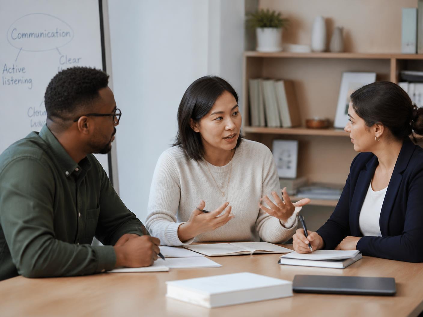 Instructor coaching two professionals through a real-world de-escalation scenario