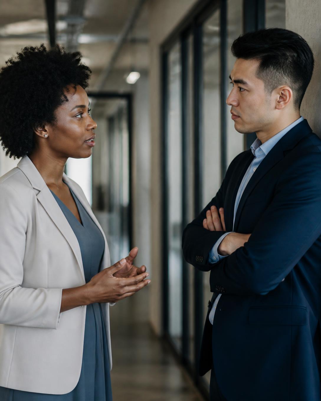 Two colleagues navigating a difficult workplace conversation with composure