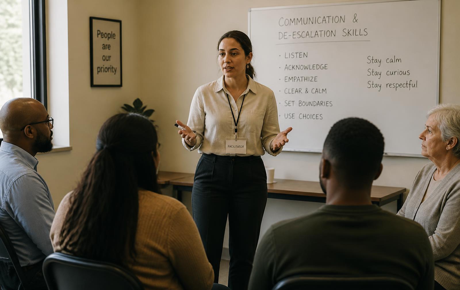 Facilitator teaching communication and de-escalation skills to a small group