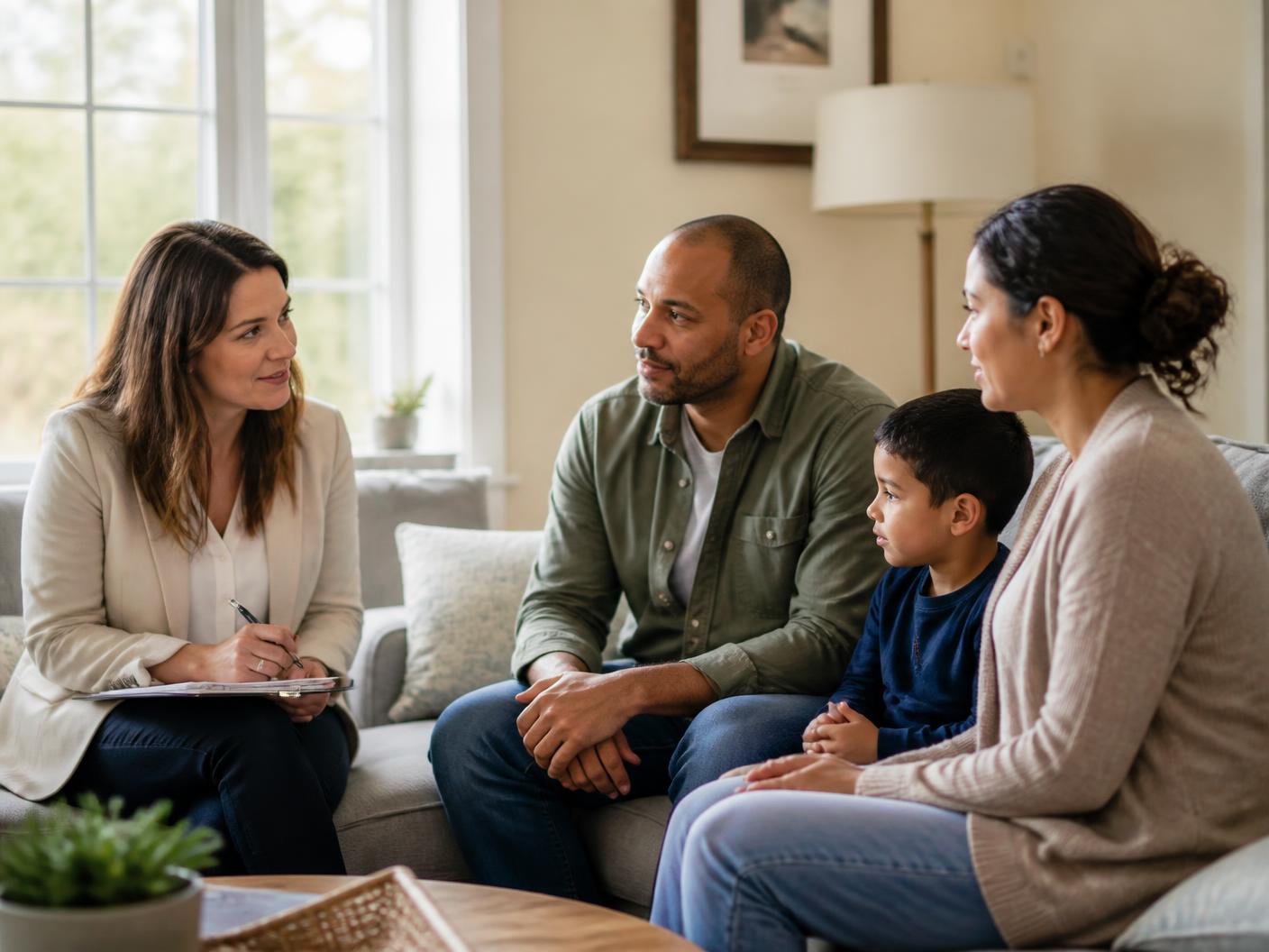 A social worker meeting with a family in a home setting