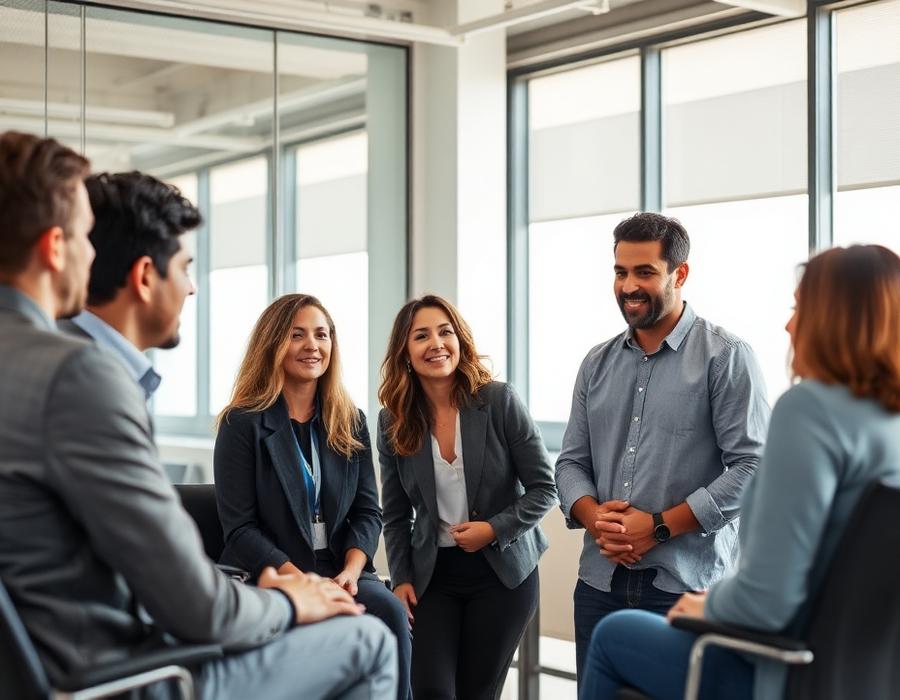 A leadership team in candid discussion in a modern office