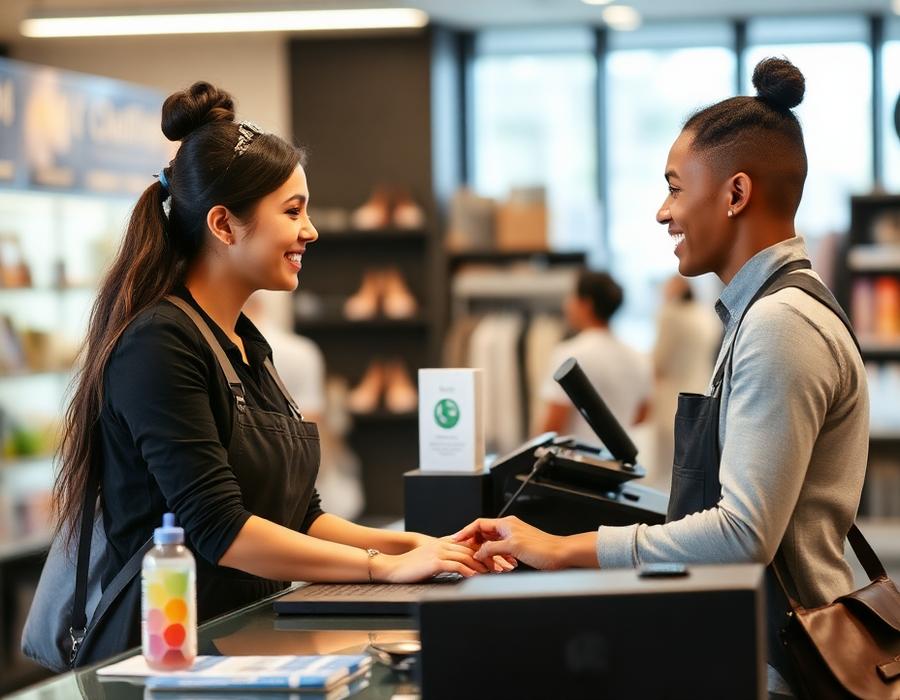 A retail associate assisting a customer at a service desk