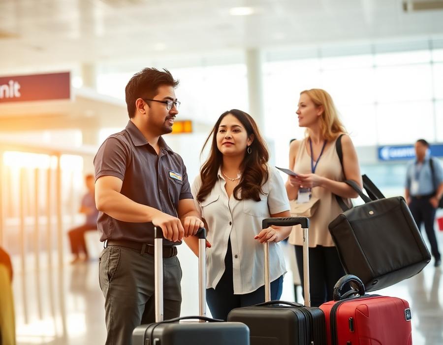 An airline gate agent assisting travelers in an airport terminal