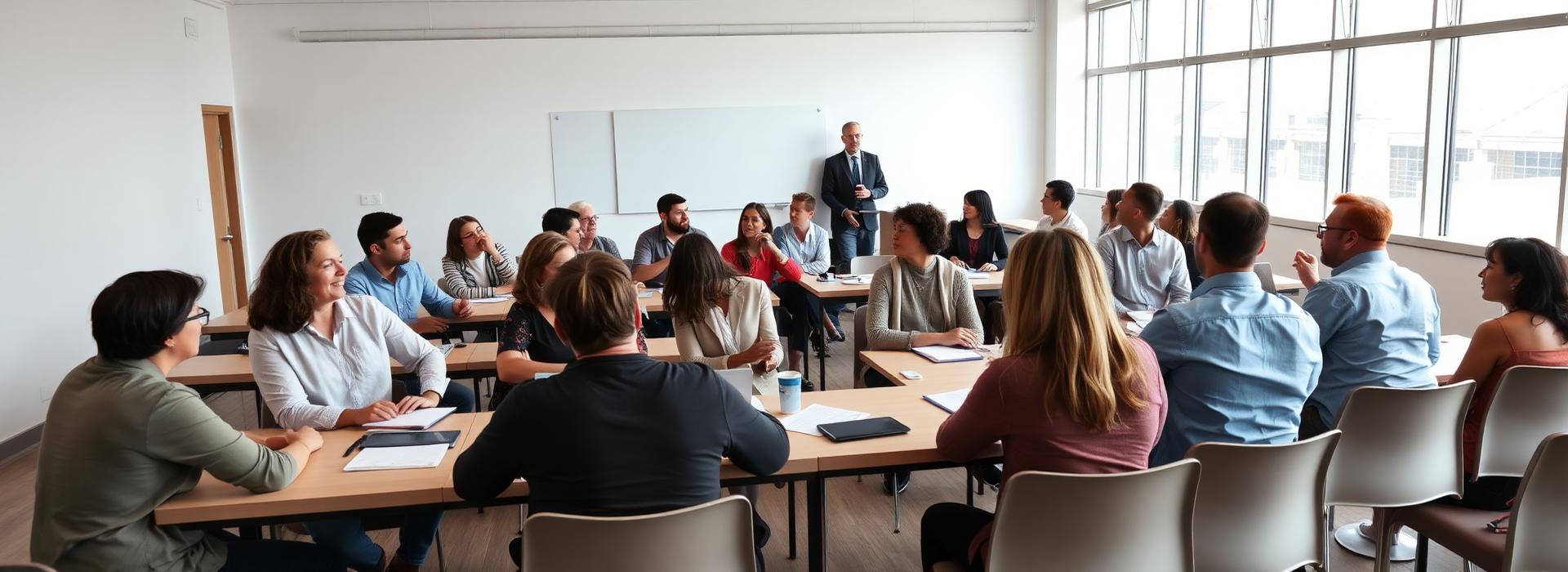A diverse adult learning class engaged in discussion with a facilitator